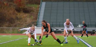 IUP blanks Slippery Rock Hilary Hoffman (29) battles for control of the ball in non-conference game against IUP. The junior led The Rock offensively putting up two shots throughout the 60 minutes. Photo courtesy of SRU Athletic Communication.