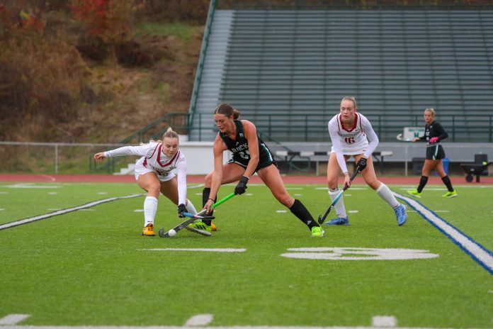 Hilary Hoffman (29) battles for control of the ball in non-conference game against IUP. The junior led The Rock offensively putting up two shots throughout the 60 minutes. Photo courtesy of SRU Athletic Communication.